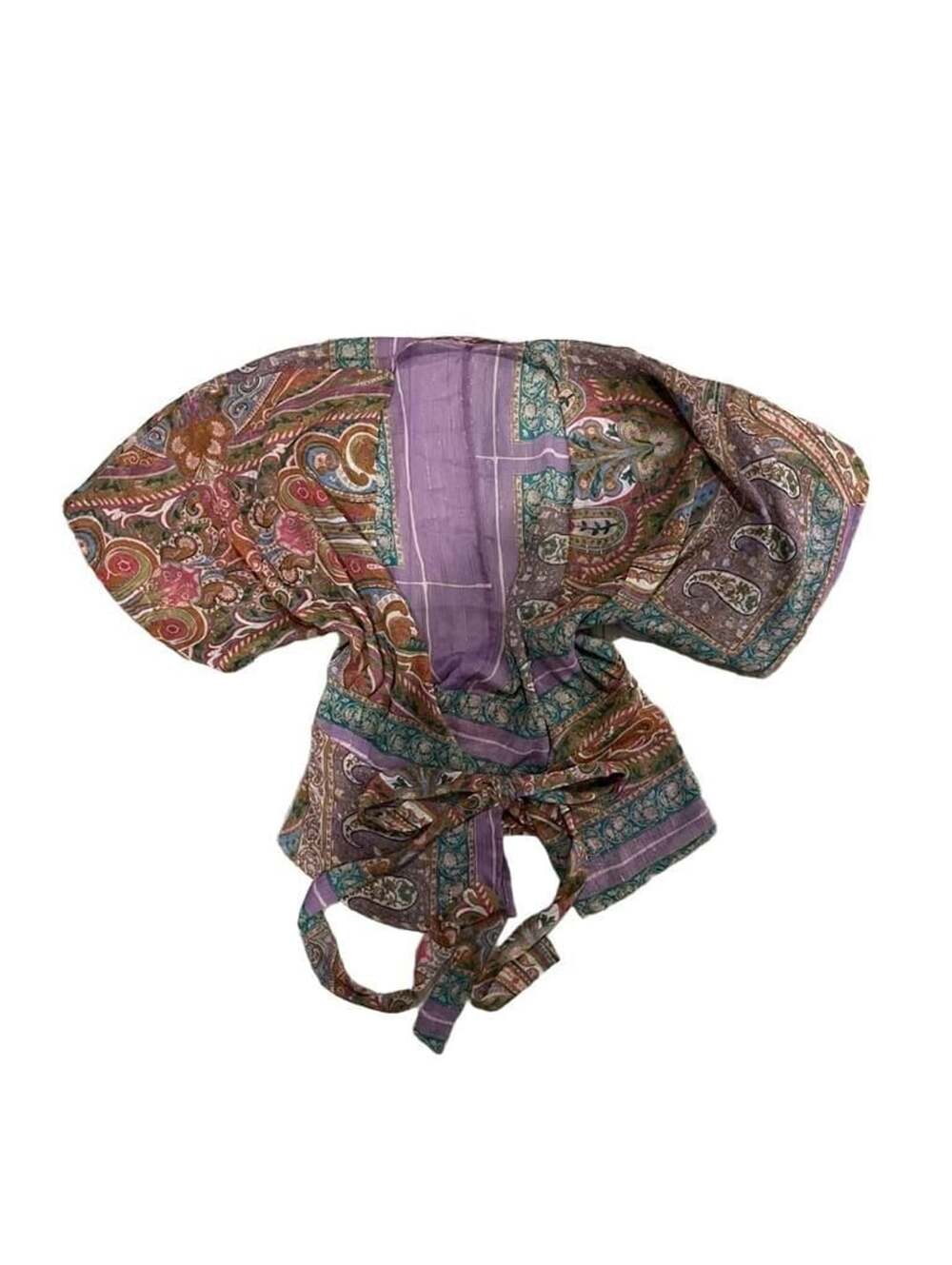 Boho Paisley Print Wrap Top with Tie Front and Bell Sleeves